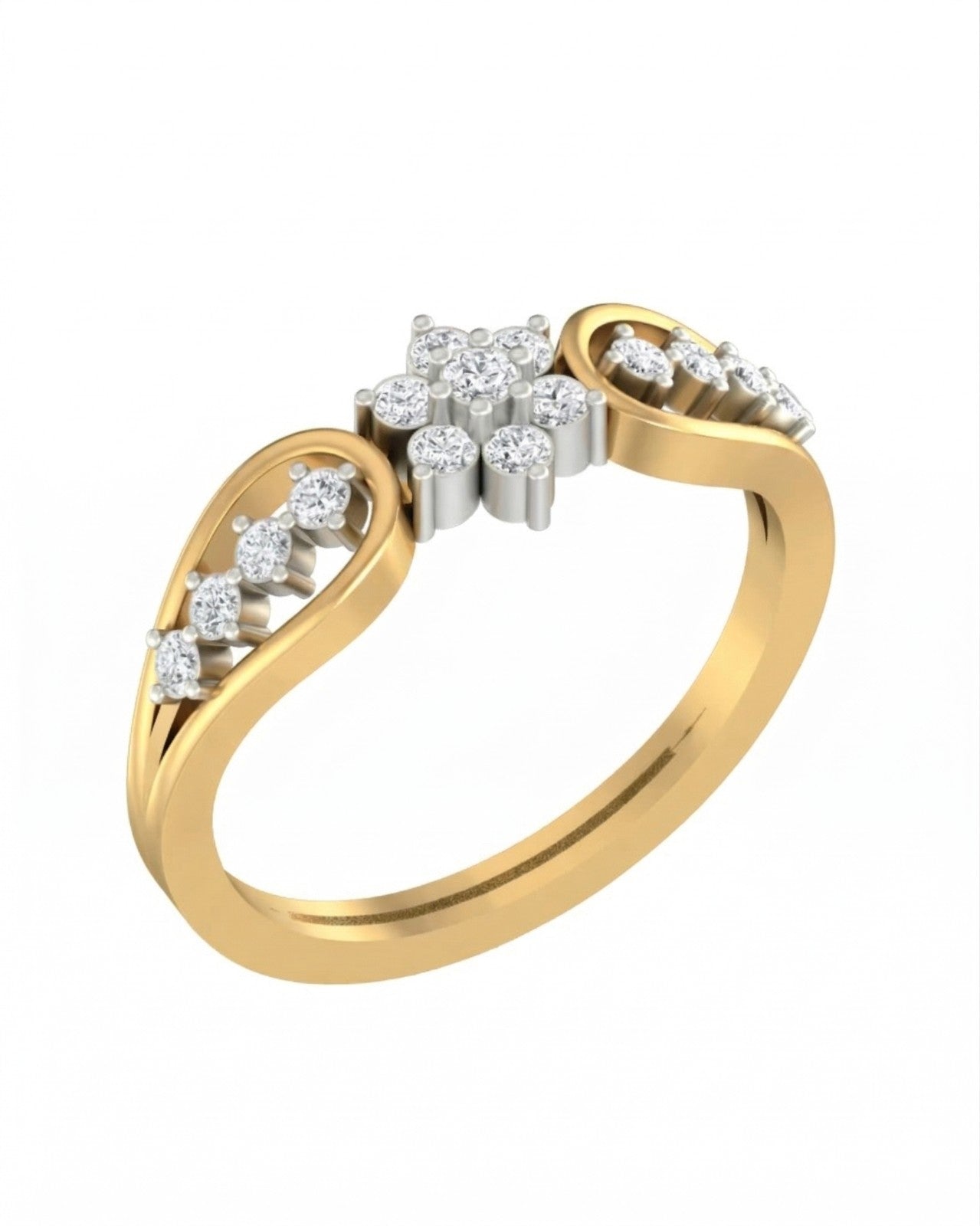 Yellow gold ring with diamond accents on a white background.