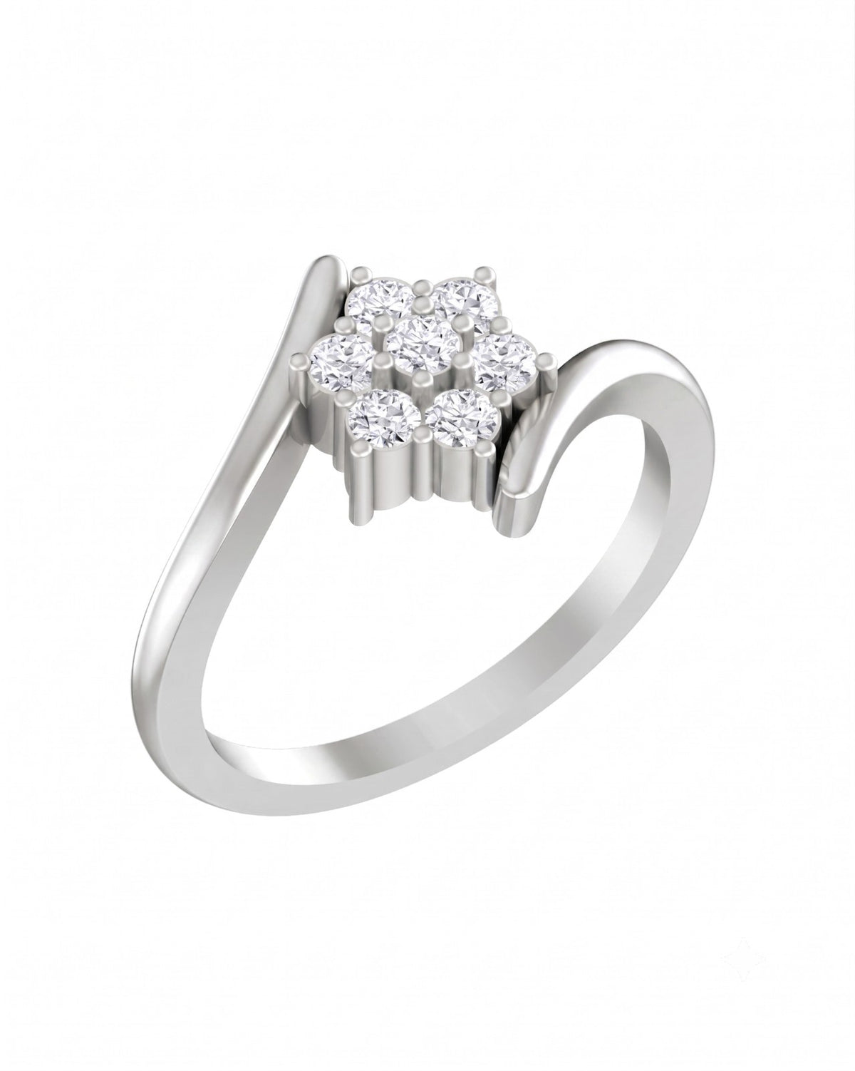 A white gold ring with a cluster in a floral setting, shown on a plain white background.
