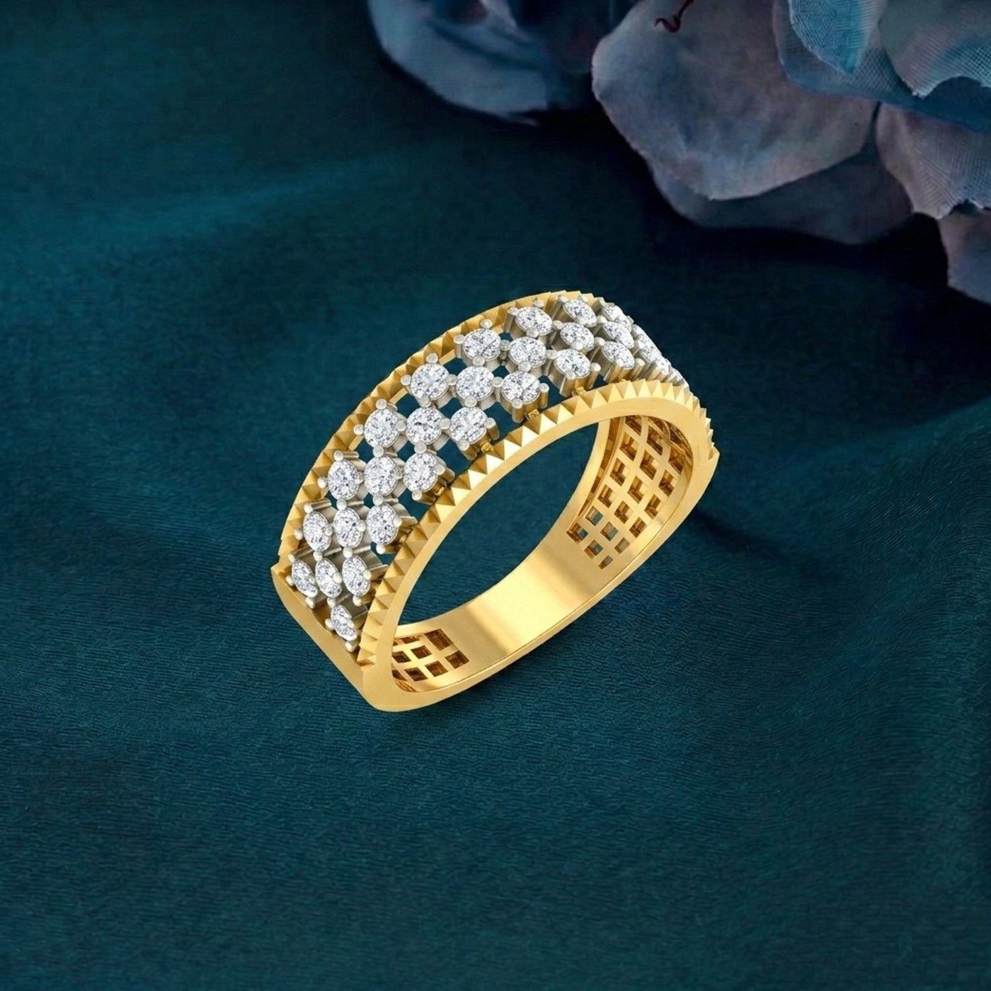 Gold ring with diamonds on a dark green background