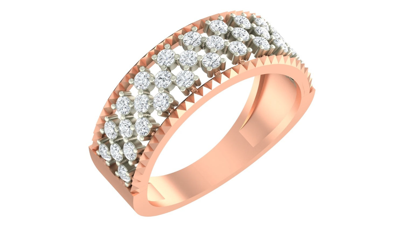 A rose gold ring featuring a rows of round-cut, set against a plain white background.