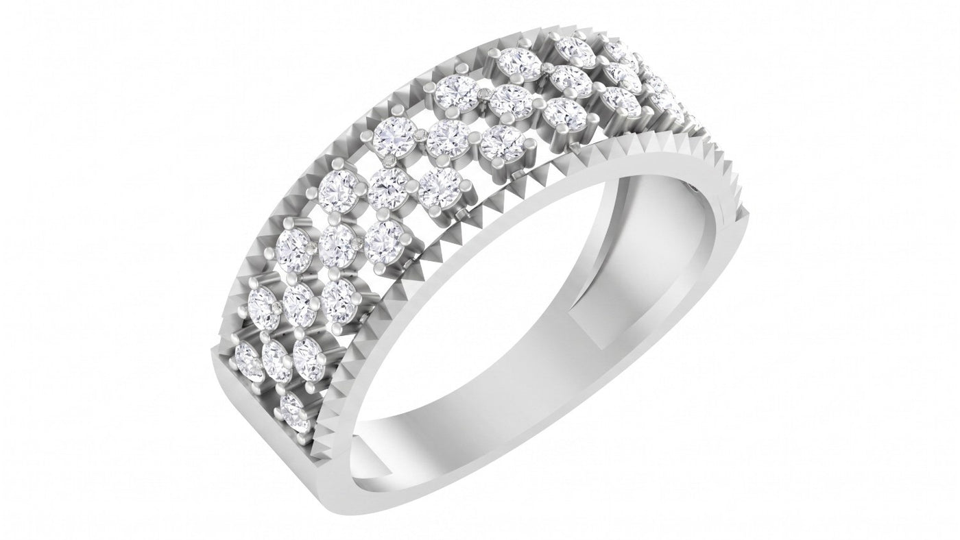 A white gold ring featuring a rows of round-cut, set against a plain white background.