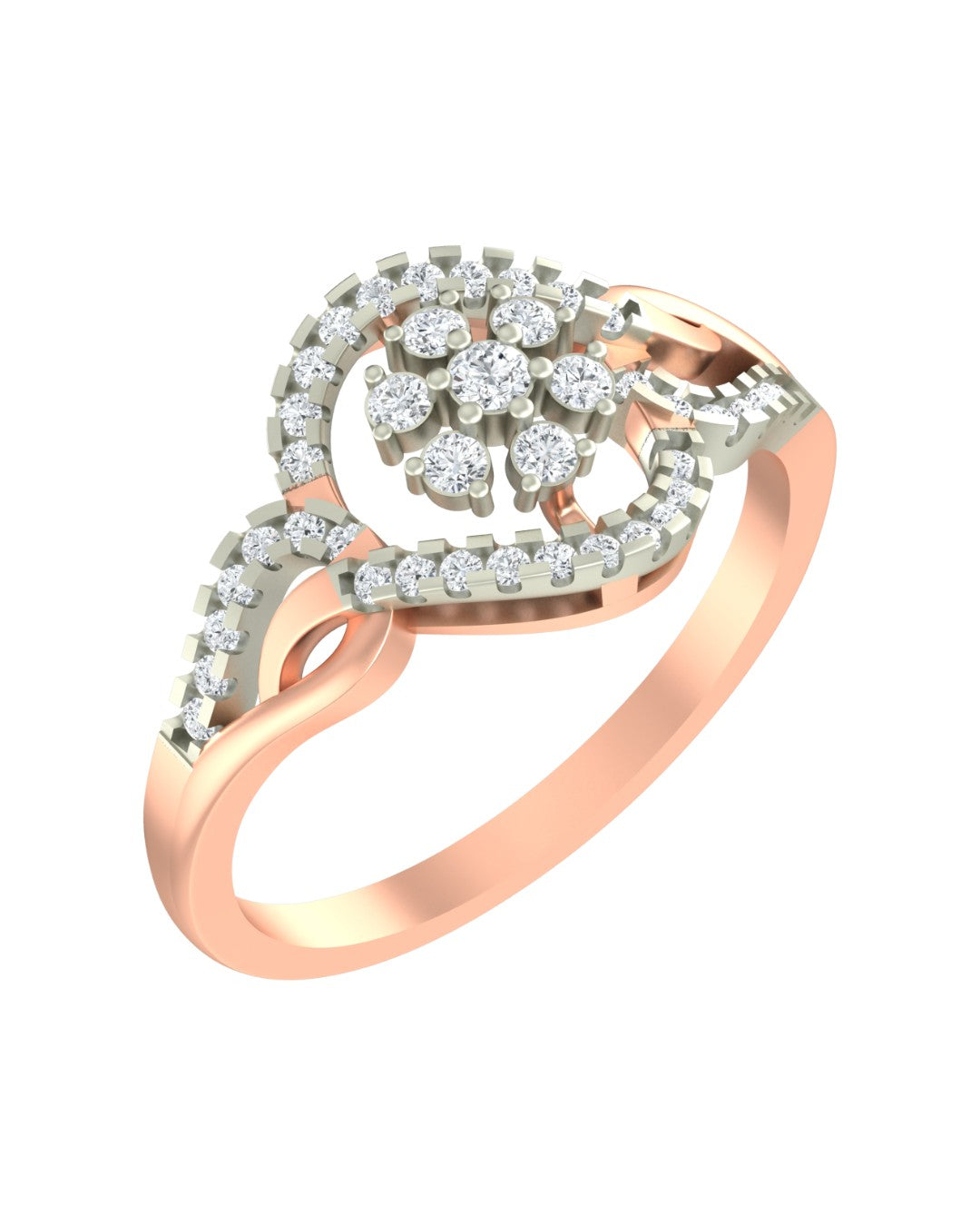 Rose gold and diamond with floral design ring on a white background.