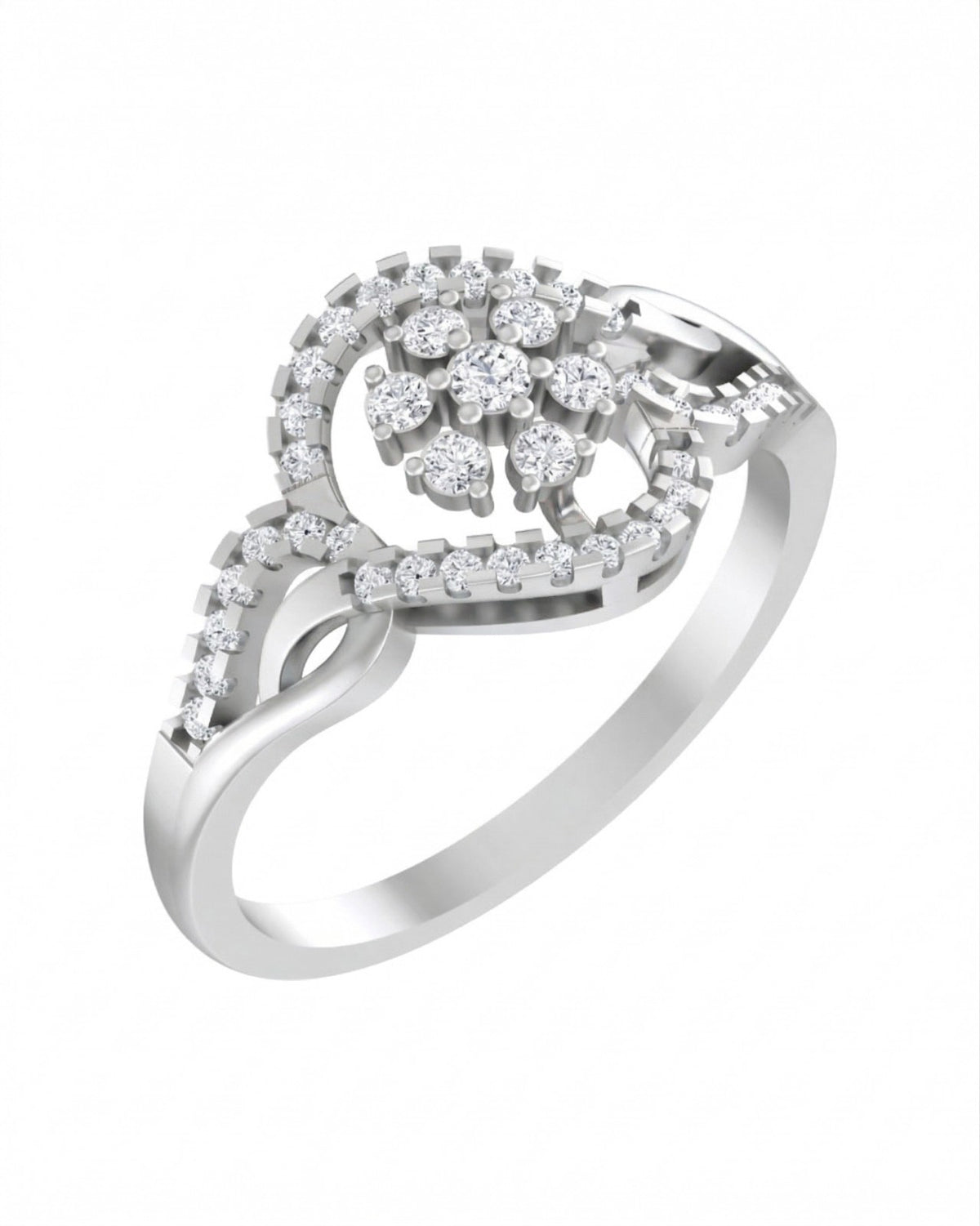 White gold and diamond with floral design ring on a white background.