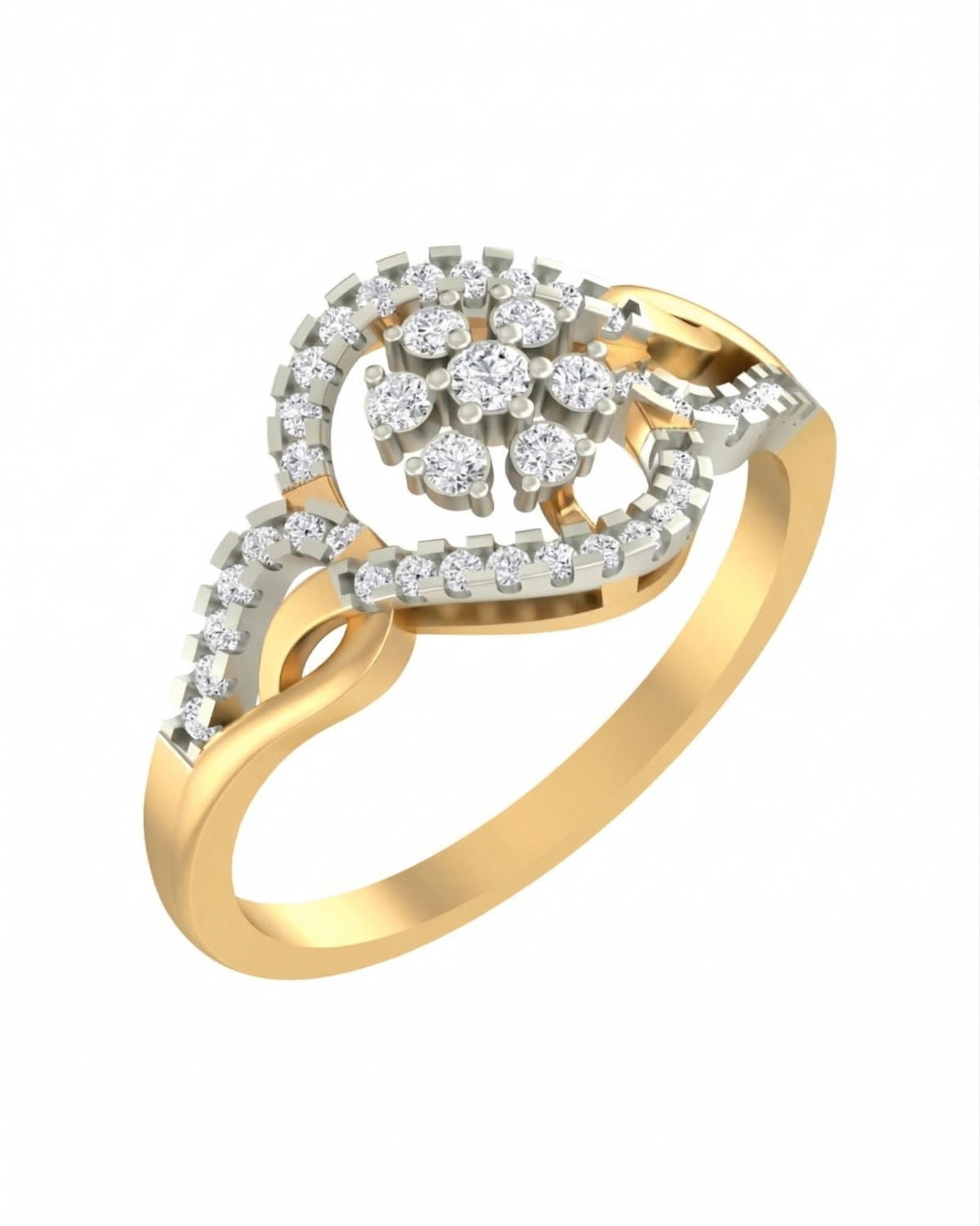 Yellow gold and diamond with floral design ring on a white background.