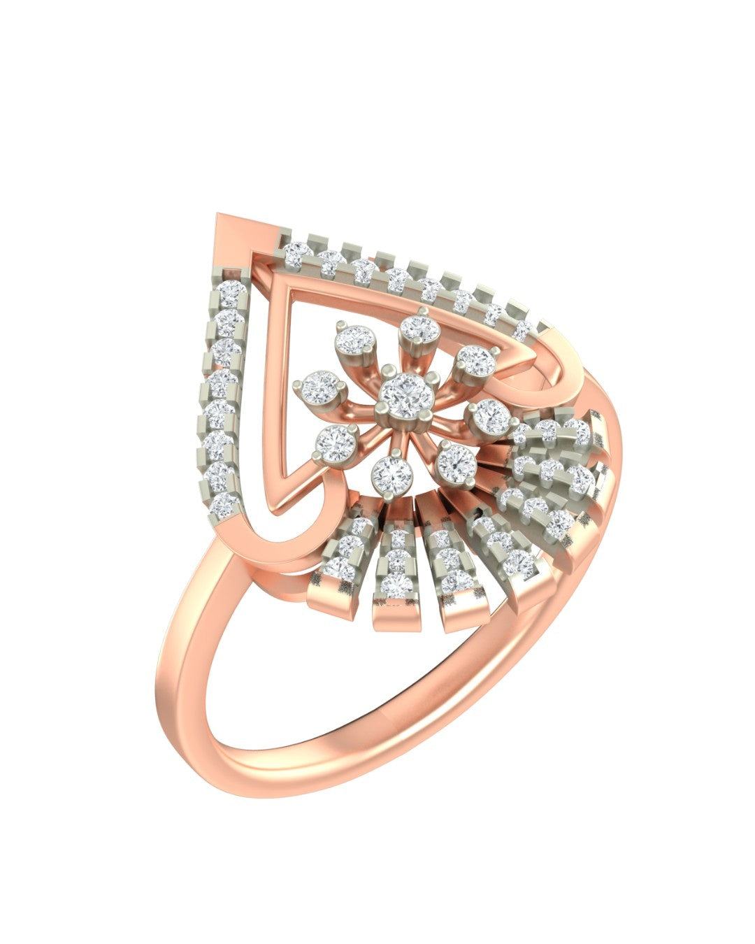 Rose gold ring with diamond accents on a white background