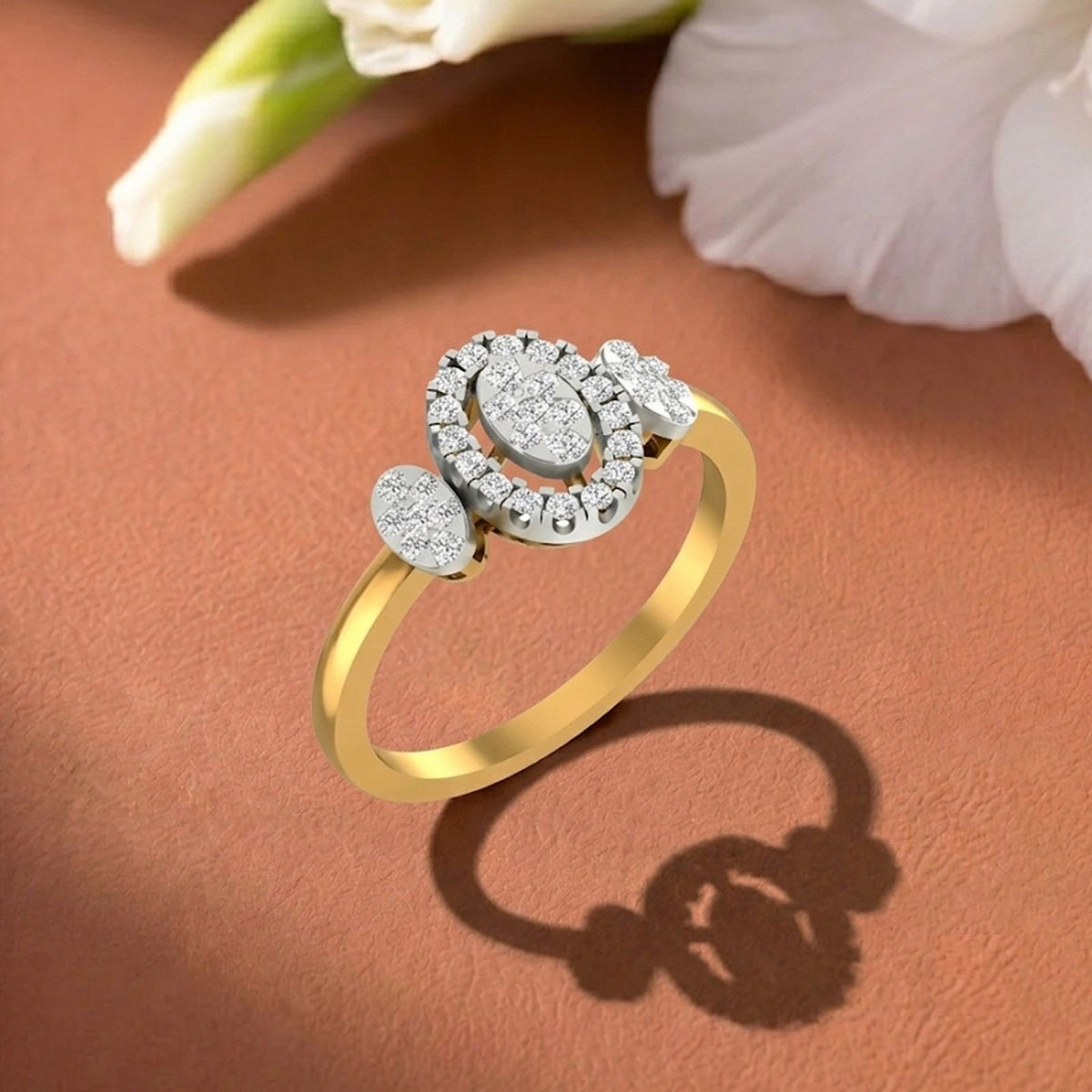 Gold and diamond with halo cluster women's ring. 
