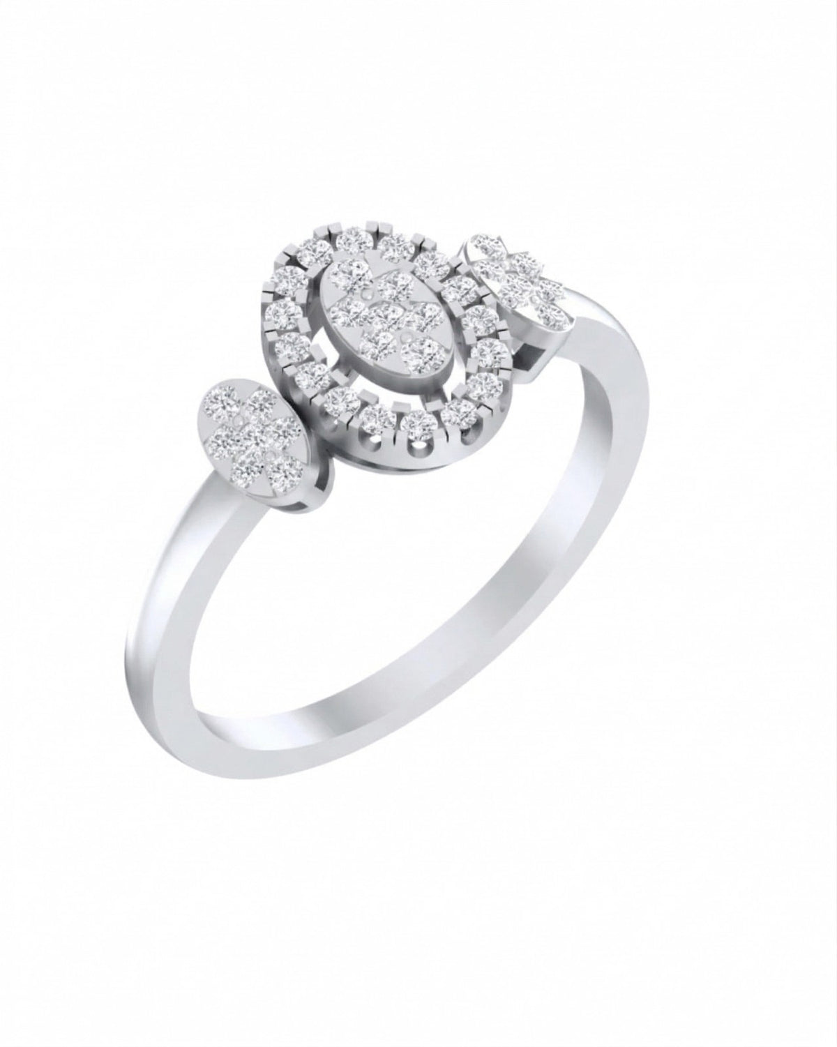 A white gold and diamond ring with platinum halo setting featuring oval-cut, shown on a plain white background.