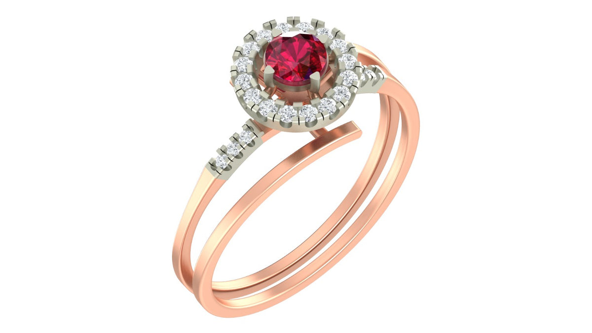 Rose gold and diamond with ruby gemstone on a white background.