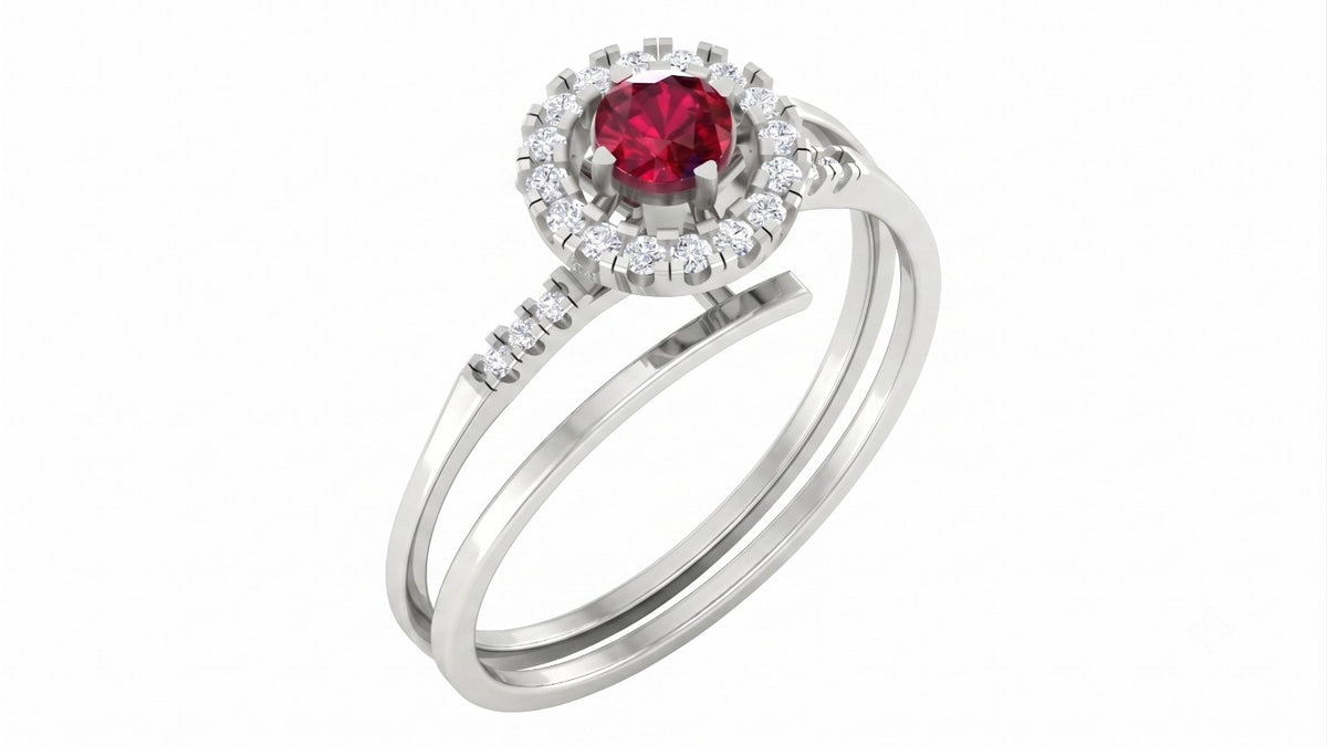 White gold and diamond with ruby gemstone on a white background.