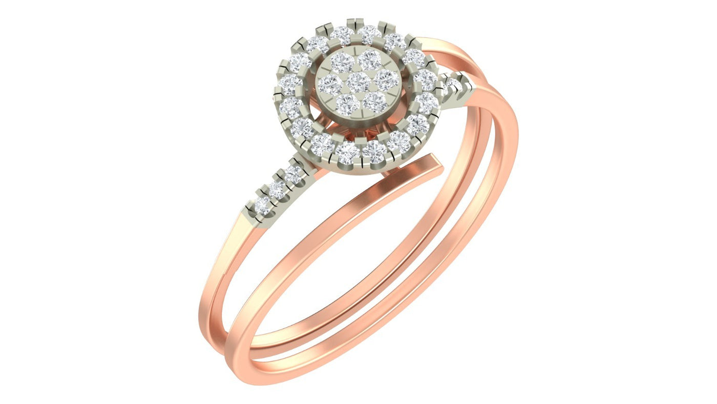 Rose gold and diamond with halo cluster setting ring on a white background.