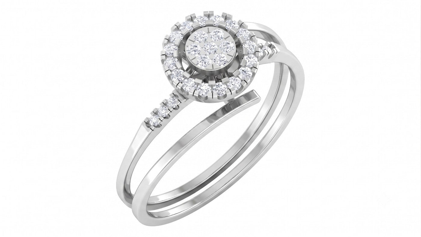 White gold and diamond with halo cluster setting ring on a white background.