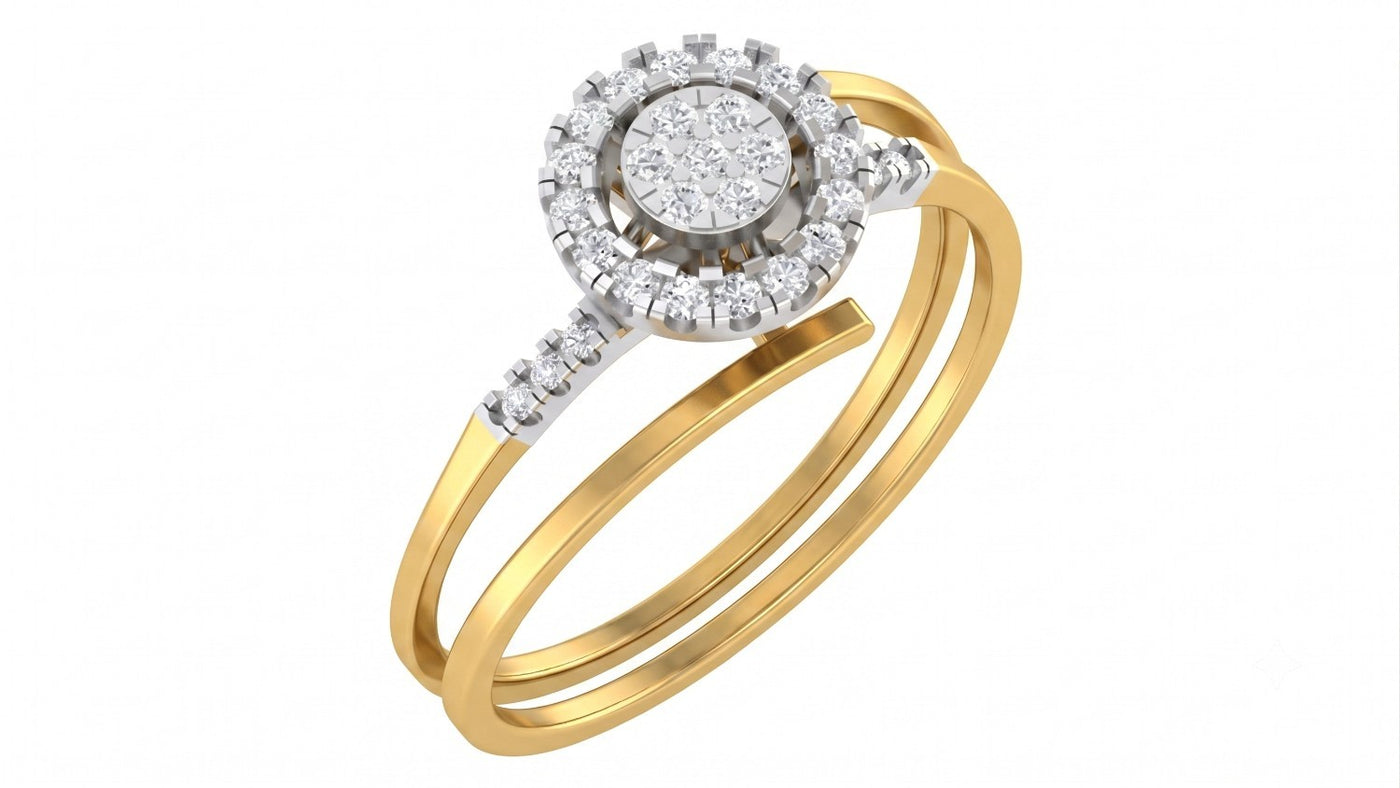 Yellow gold and diamond with halo cluster setting ring on a white background.