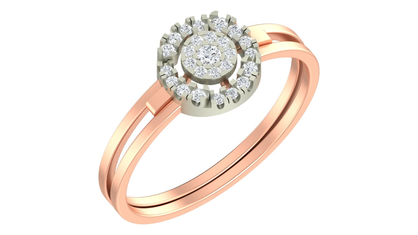 Rose gold and diamond with halo cluster setting on a white background.