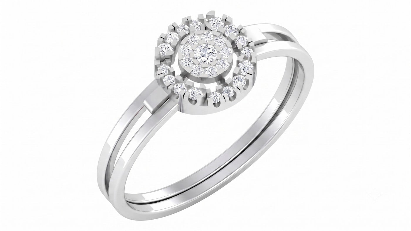White gold and diamond with halo cluster setting on a white background.