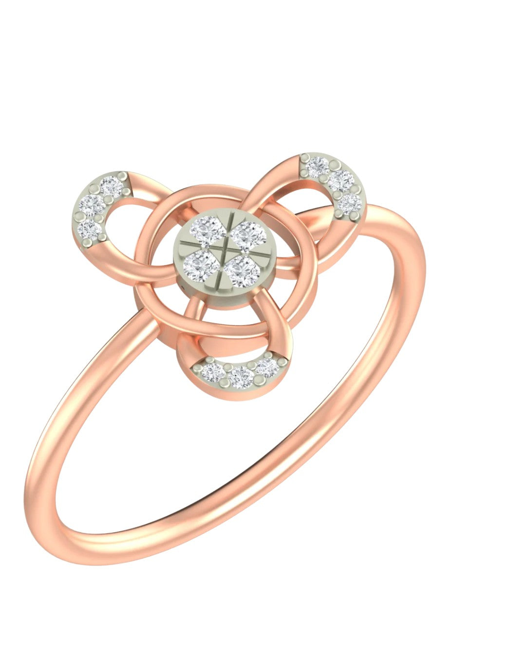 Rose gold and diamond with circular cluster setting on a white background.