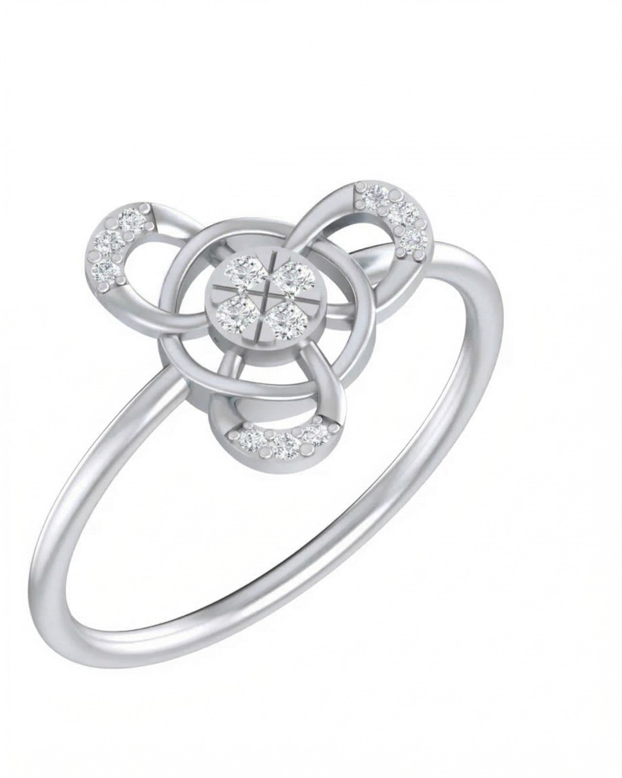 White gold and diamond with circular cluster setting on a white background.