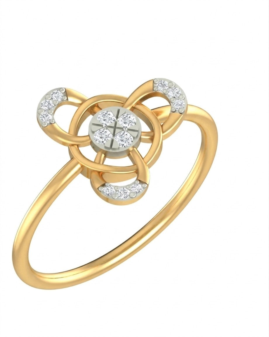 Yellow gold and diamond with circular  cluster setting on a white background.