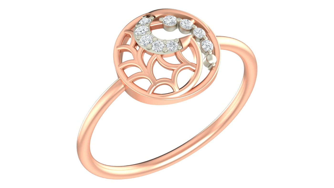 A rose gold ring featuring a circular filigree top, shown on a plain white background.