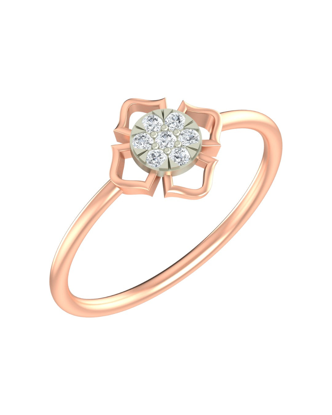 Rose gold and diamond with round-shaped cluster setting on a white background.