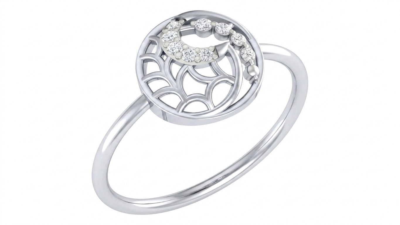 A white gold ring featuring a circular filigree top, shown on a plain white background.