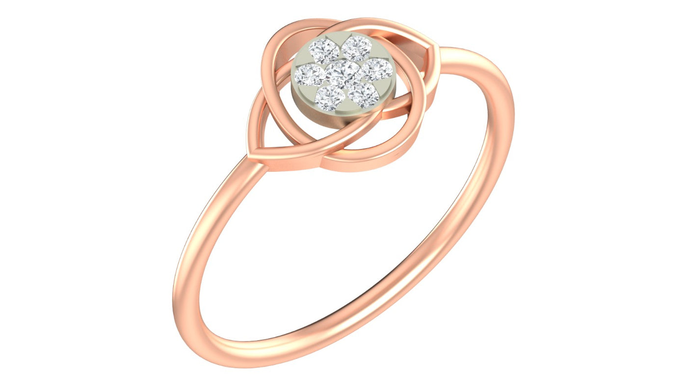 A rose gold ring featuring a floral-design pavé diamond setting on a white background.