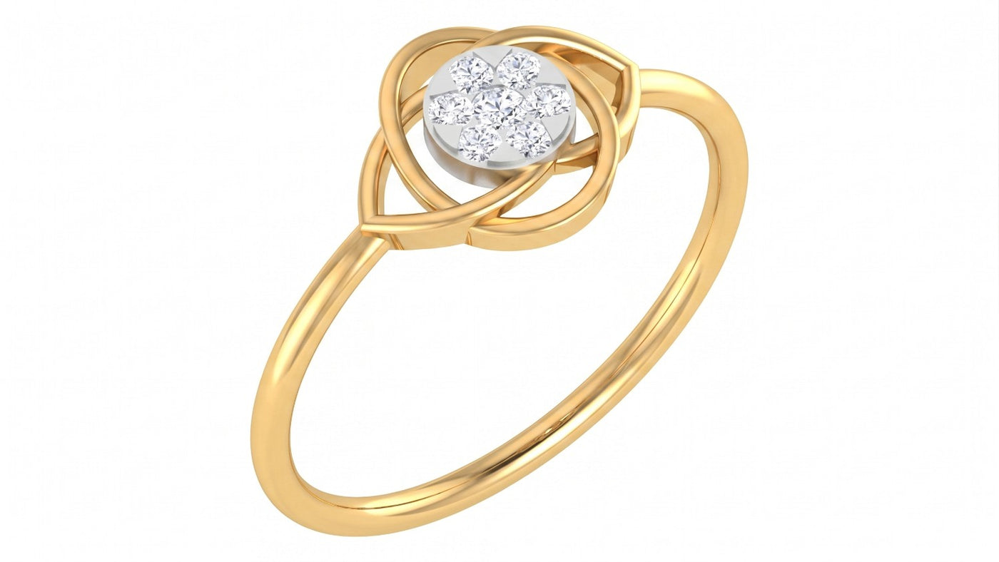 A yellow gold ring featuring a floral-design pavé diamond setting on a white background.