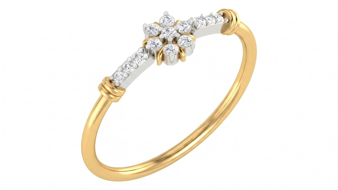 A yellow gold ring featuring a central flower motif set, shown on a plain white background.