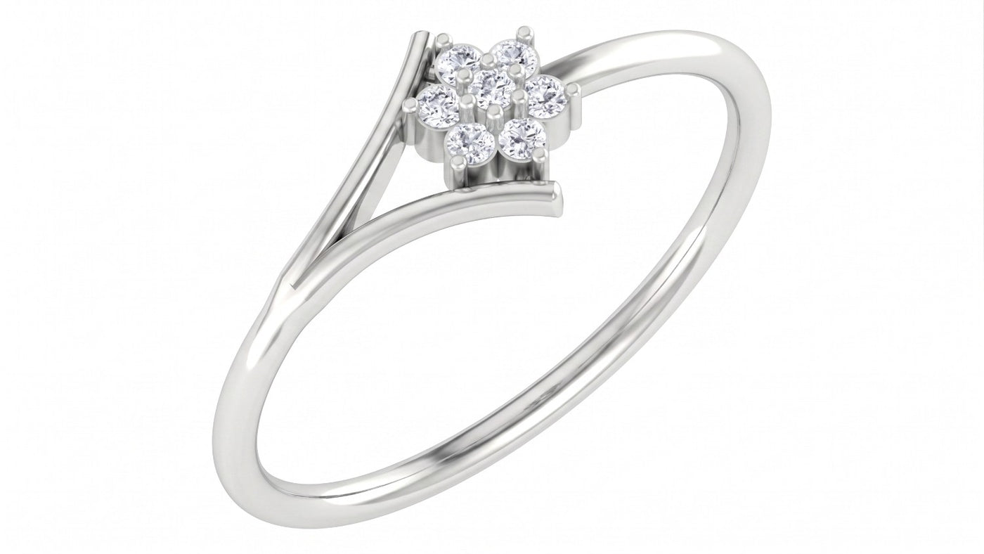White gold and diamond with floral-design cluster setting on a white background.