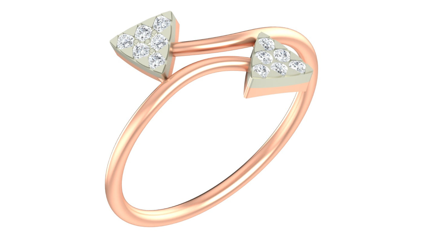Rose gold ring with triangular diamond accents on a white background