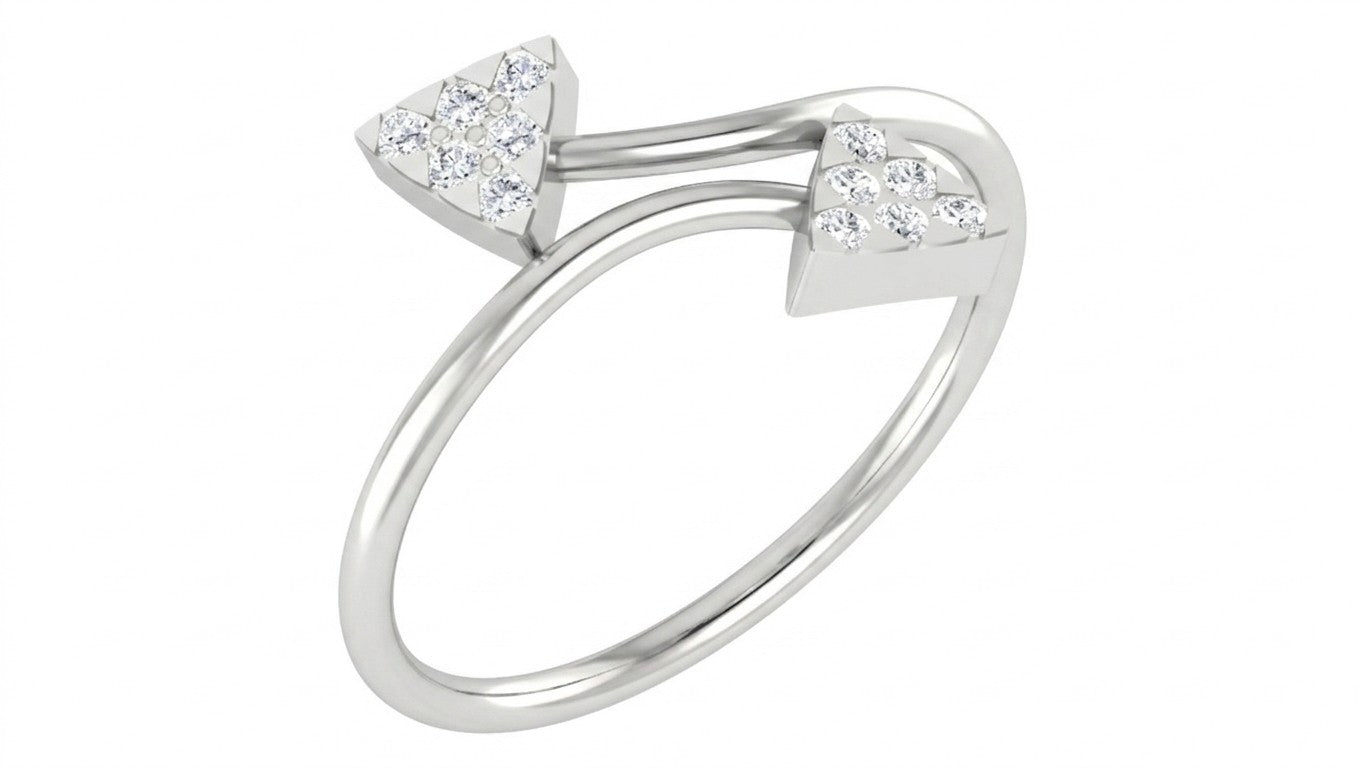 White gold ring with triangular diamond accents on a white background