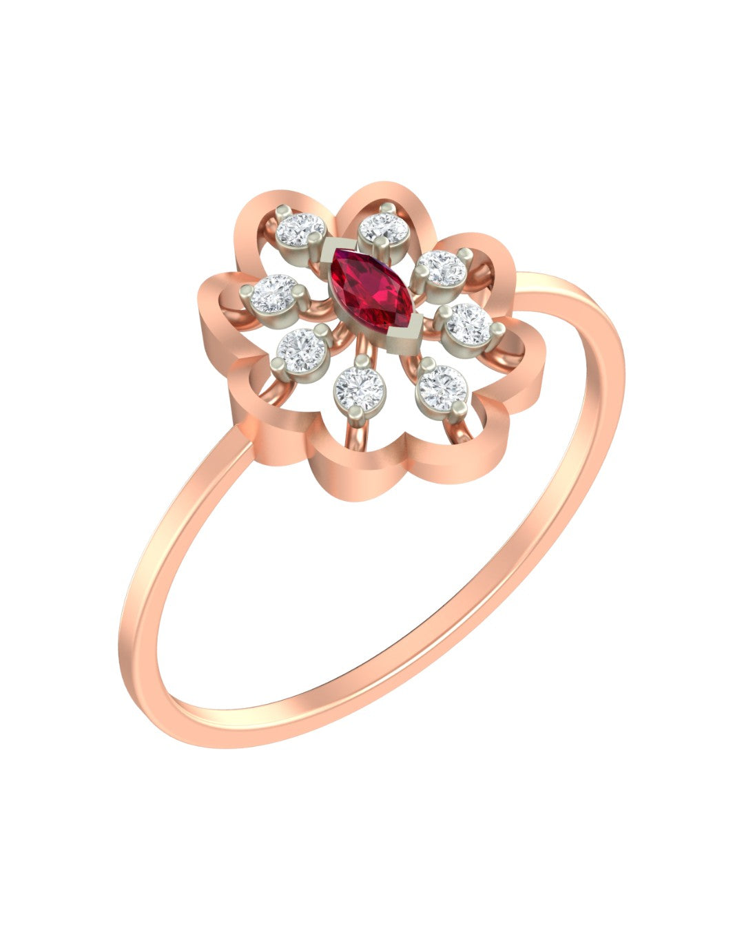 Rose gold and diamond with ruby gemstone setting on a white background.