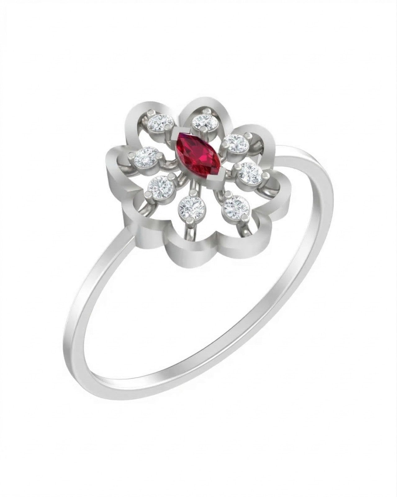 White gold and diamond with ruby gemstone setting on a white background.