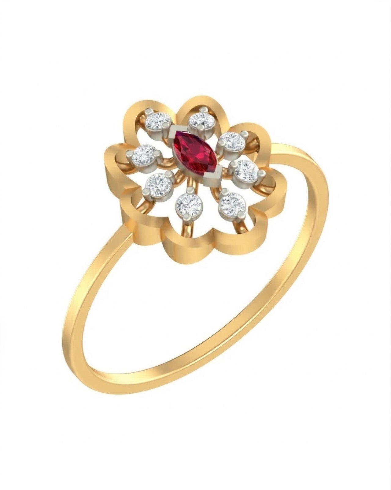 Yellow gold and diamond with ruby gemstone setting on a white background.