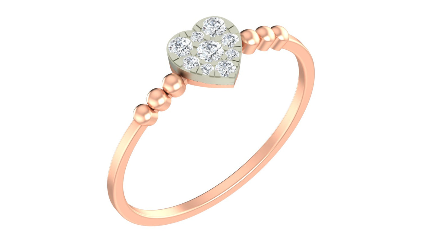 Rose gold and diamond with heart-shaped cluster setting on a white background.