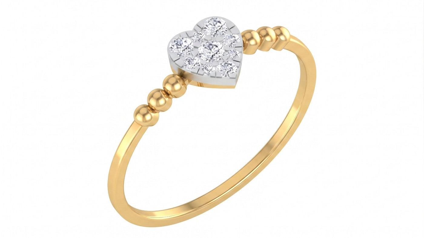 Yellow gold and diamond with heart-shaped cluster setting on a white background.