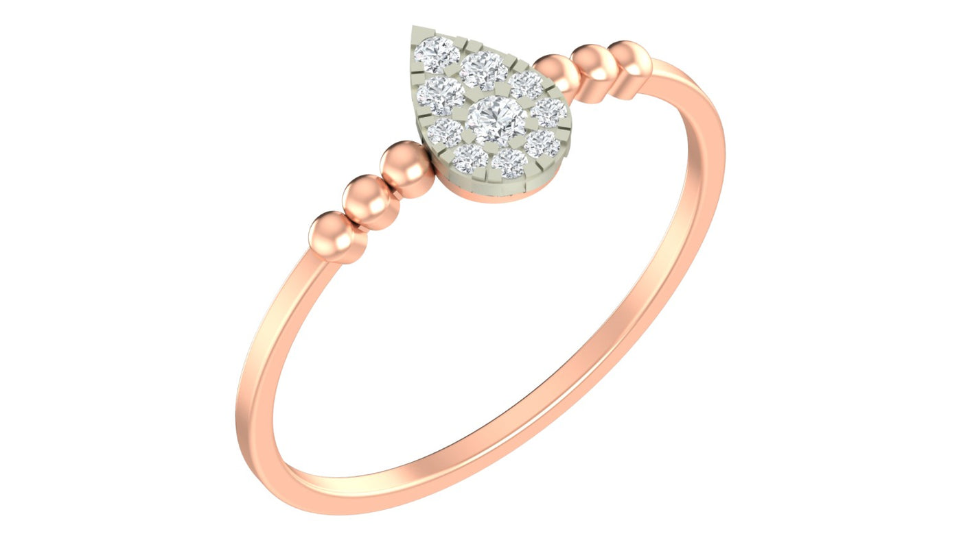 A rose gold ring featuring a teardrop-shaped diamond cluster, set against a plain white background.