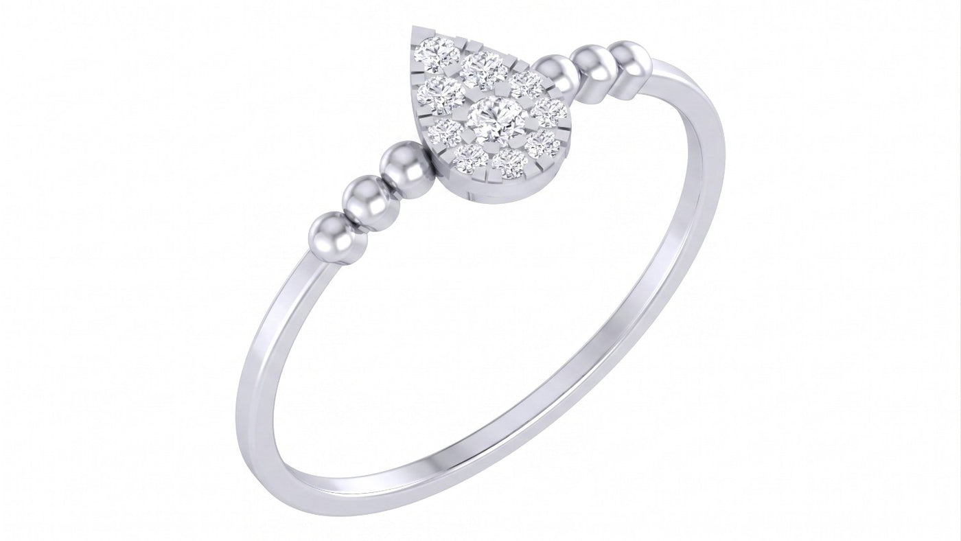 A white gold ring featuring a teardrop-shaped diamond cluster, set against a plain white background.