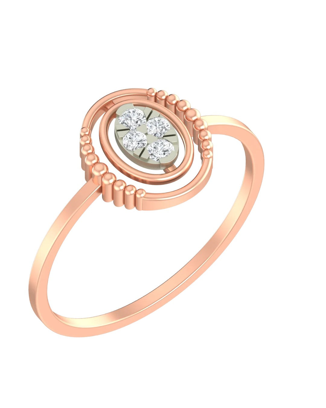 Rose gold and diamond with oval cluster setting on a white background.