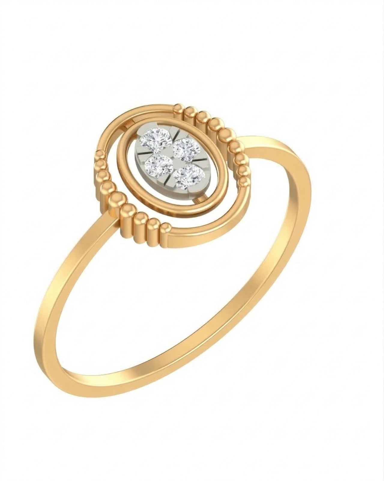 Yellow gold and diamond with oval cluster setting on a white background.