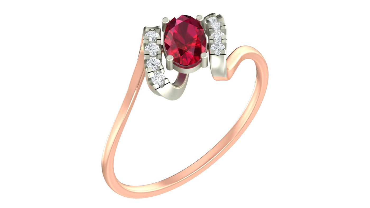 Ruby gold and diamond with oval ruby gemstone setting on a white background.