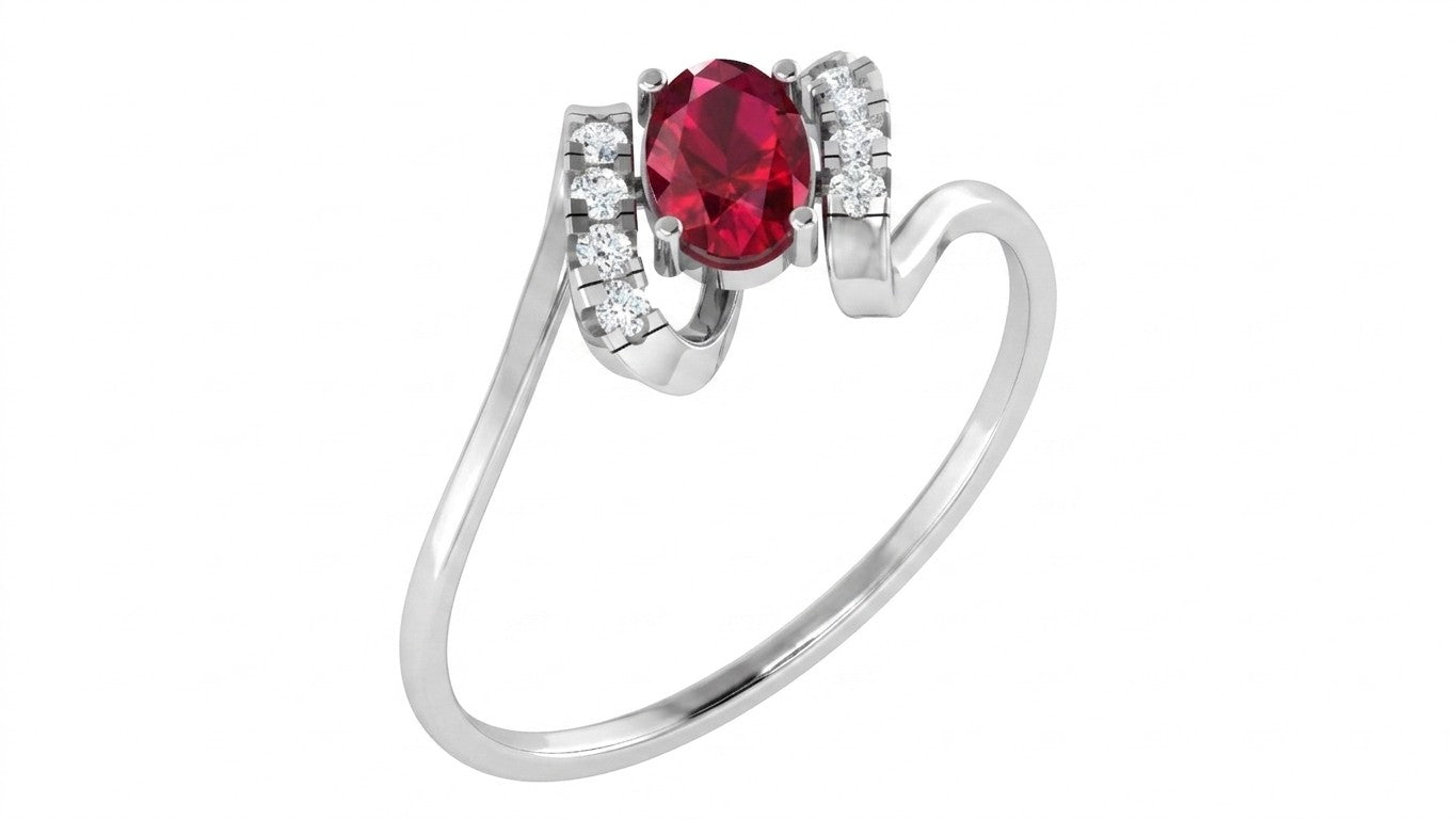 White gold and diamond with oval ruby gemstone setting on a white background.