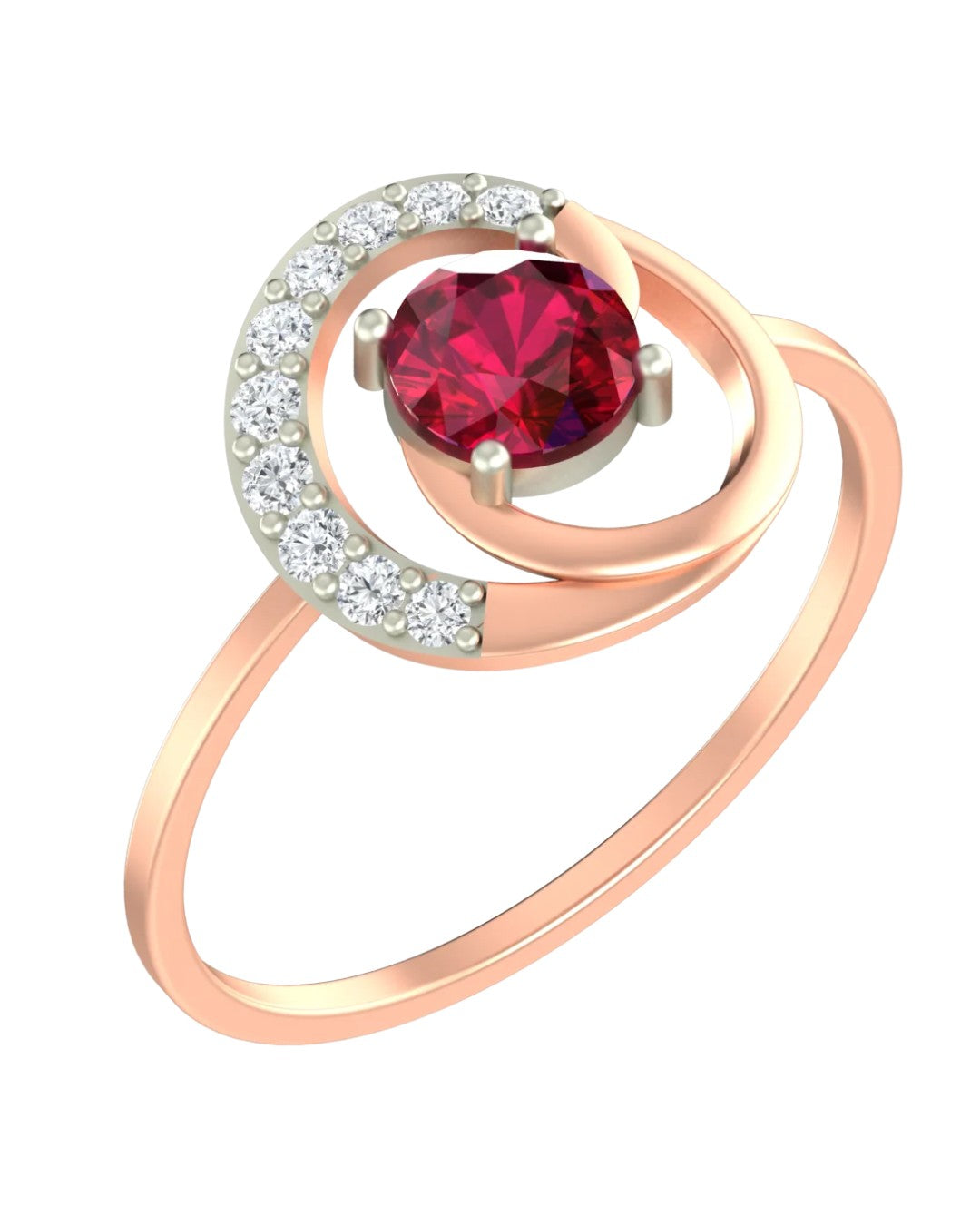 Rose gold and diamond with ruby gemstone on a white background