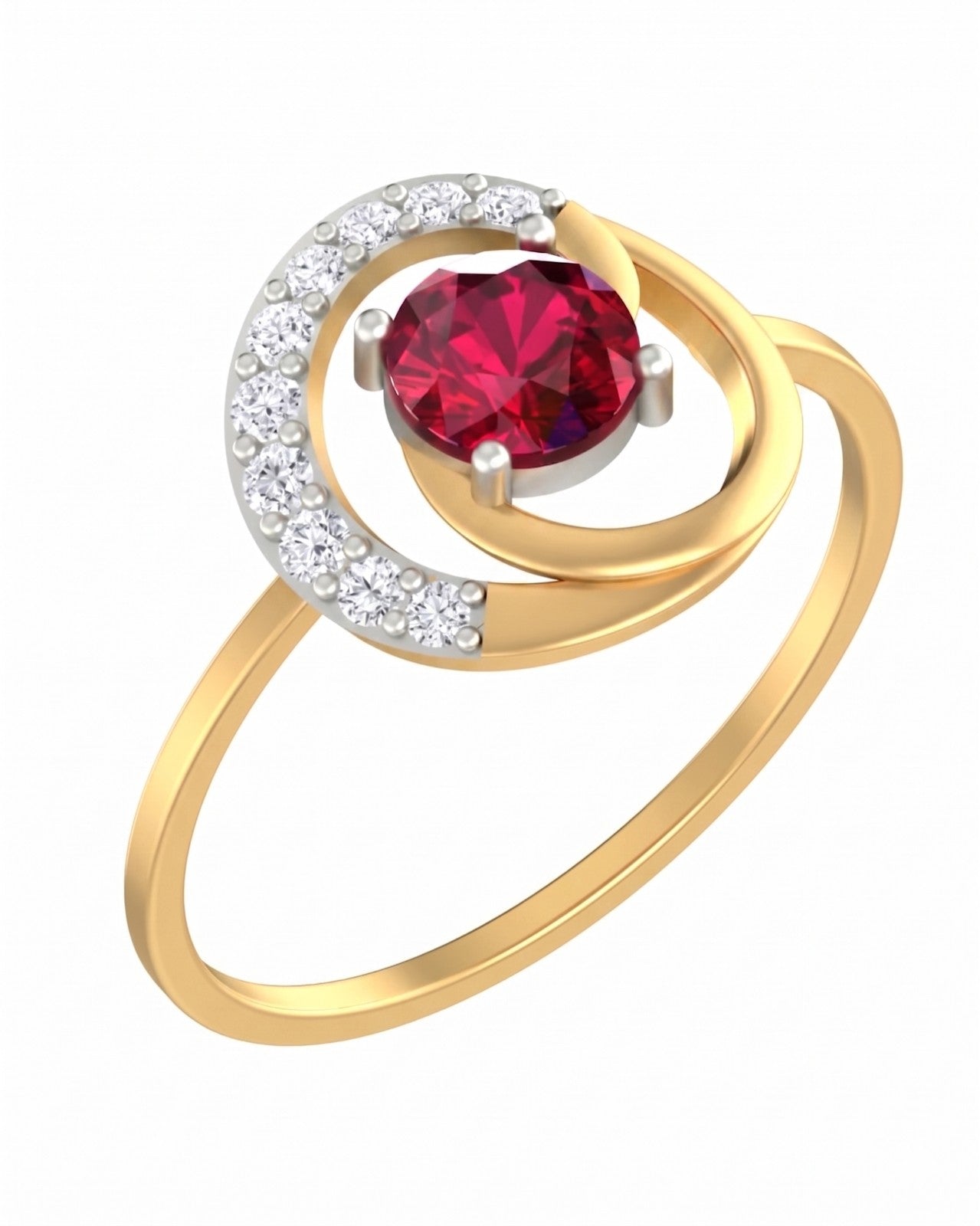 Yellow gold and diamond with ruby gemstone on a white background