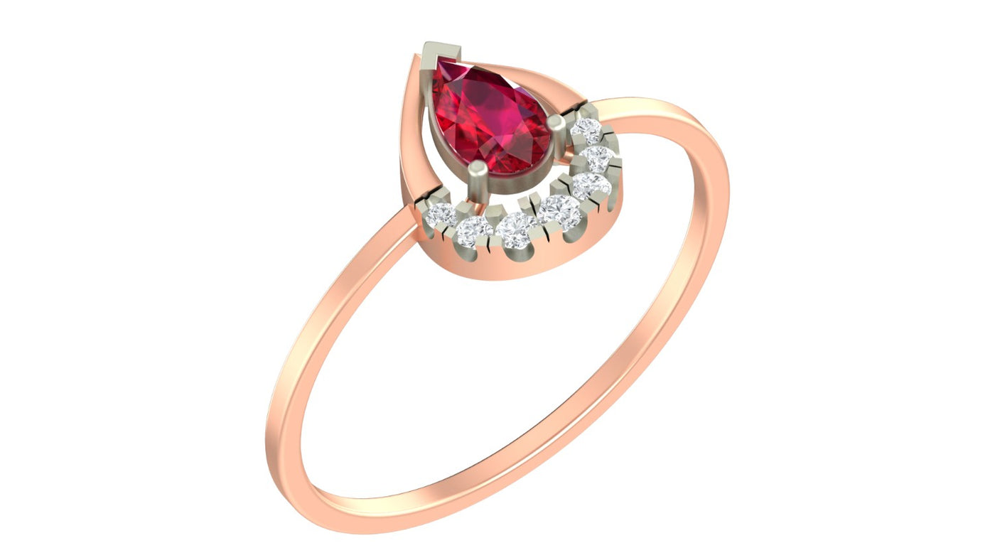 Rose gold and diamond with teardrop ruby gemstone on a white background.