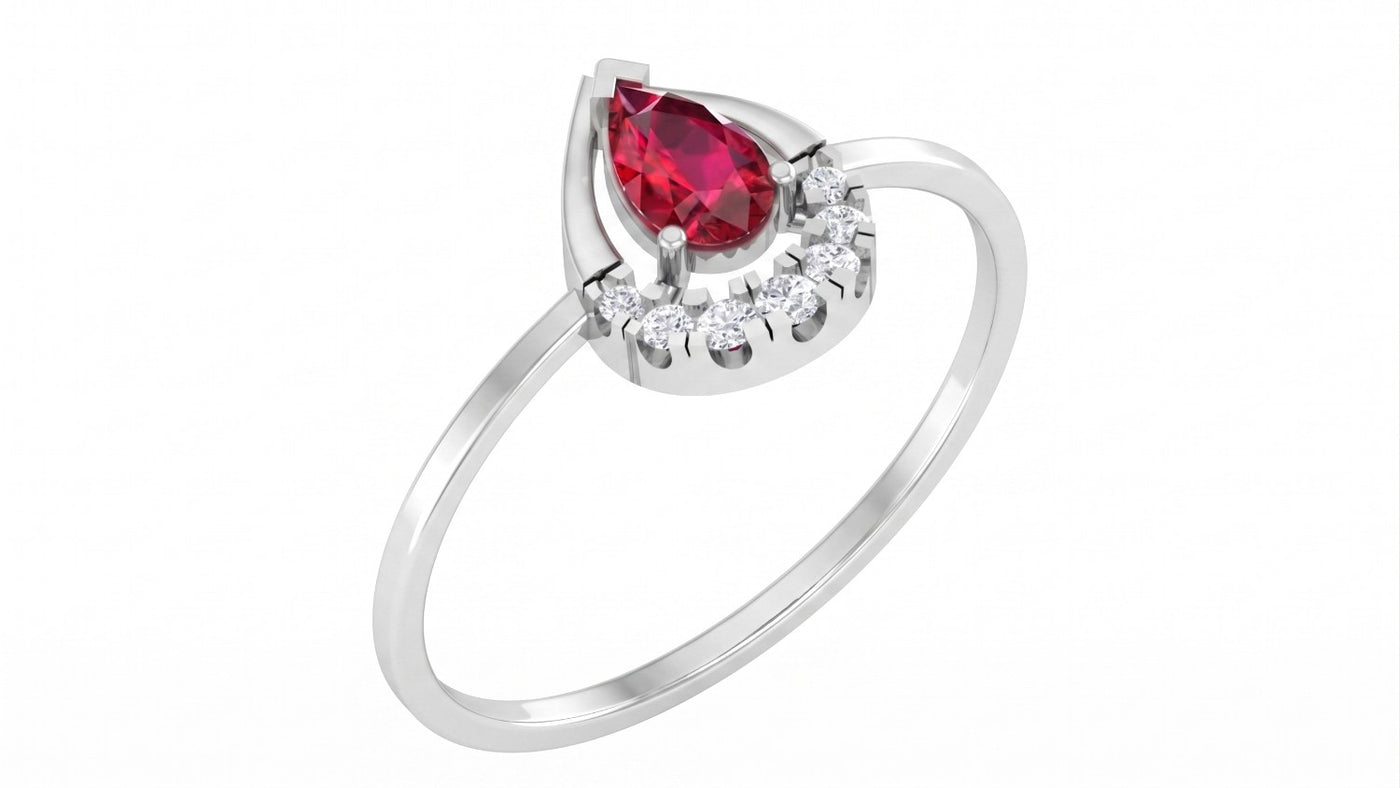White gold and diamond with teardrop ruby gemstone on a white background.