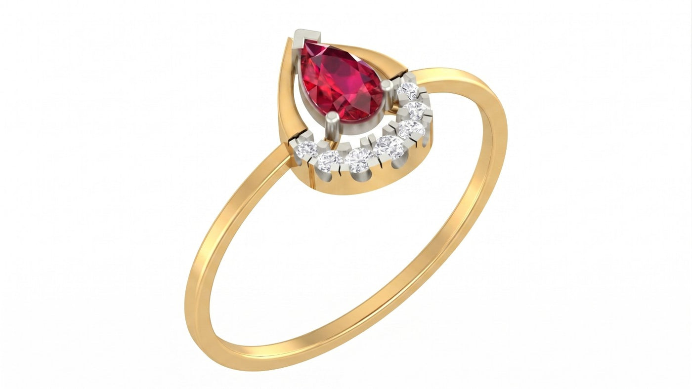 Yellow gold and diamond with teardrop ruby gemstone on a white background.