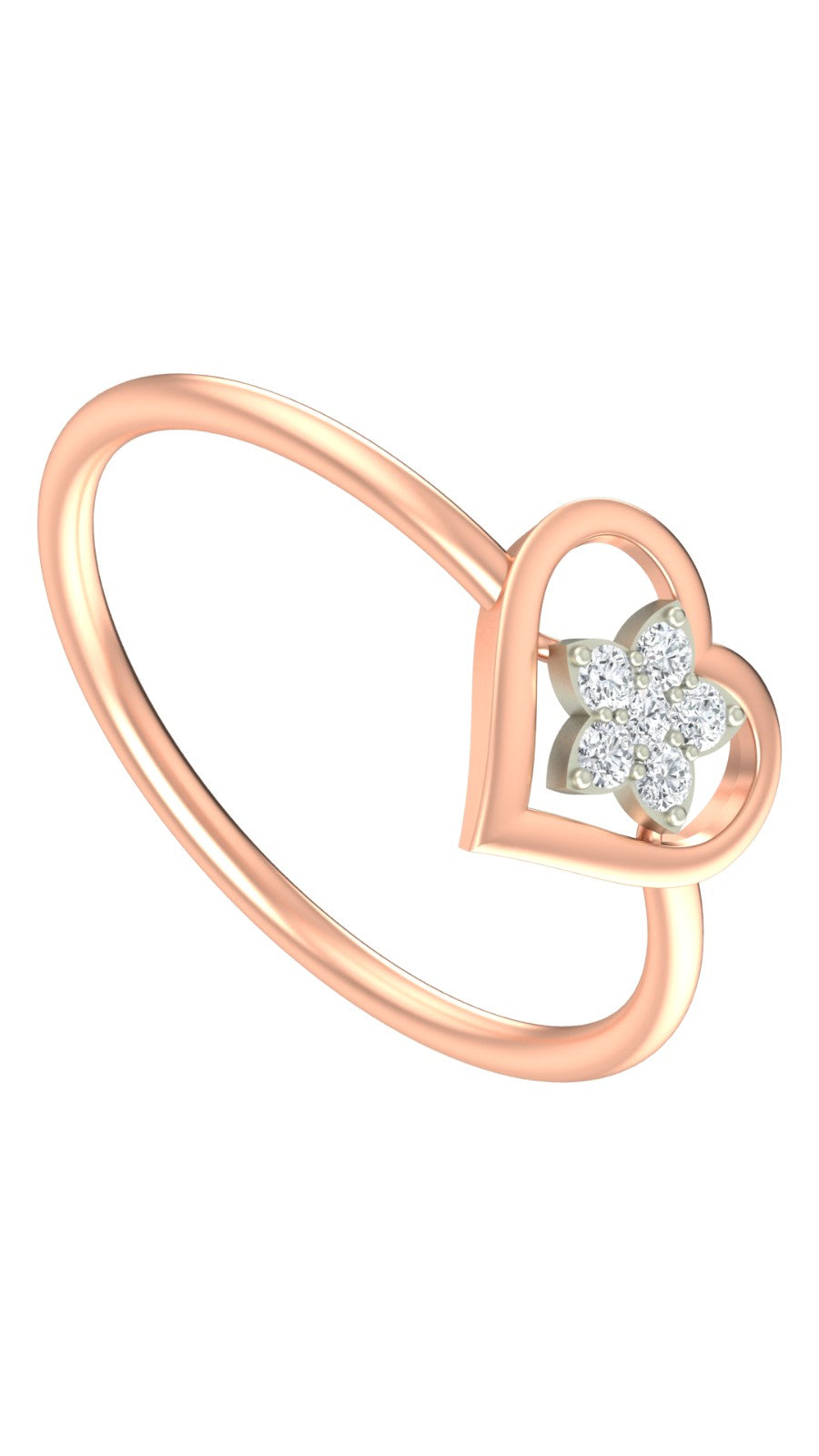 Rose gold and diamond with heart-shaped and floral cluster setting on a white background.