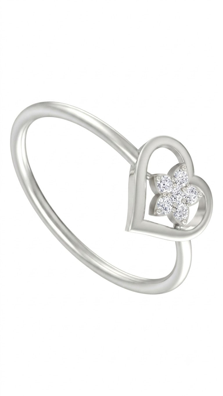 White gold and diamond with heart-shaped and floral cluster setting on a white background.