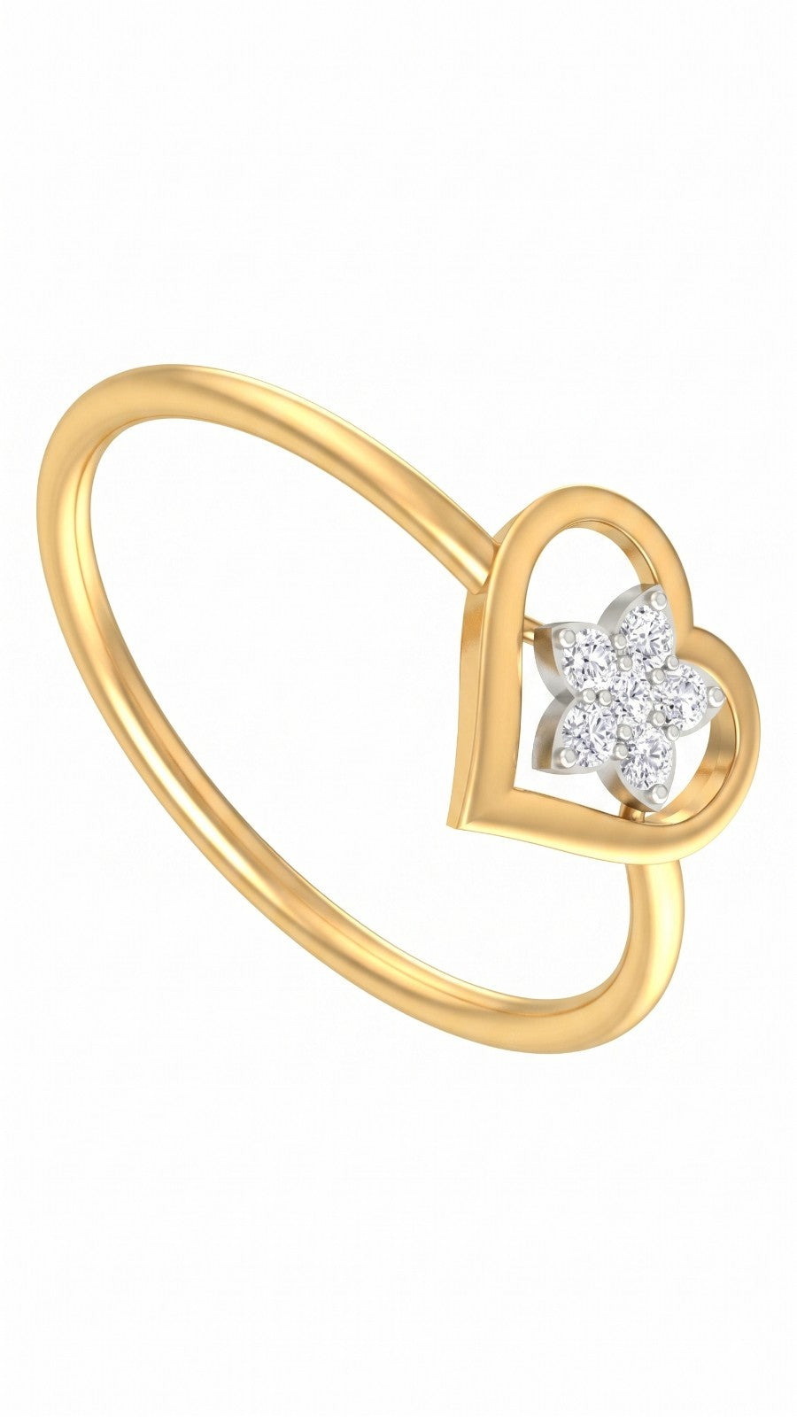 Yellow gold and diamond with heart-shaped and floral cluster setting on a white background.