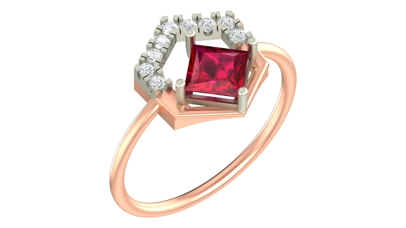 A rose gold ring featuring a central square-cut red gemstone surrounded by a halo of small clear stones, shown on a plain white background.
